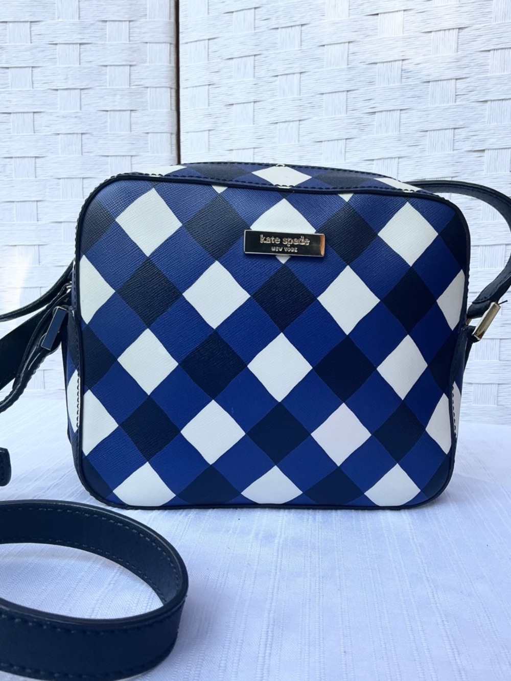 kate spade Blue and White Checkered Crossbody Bag